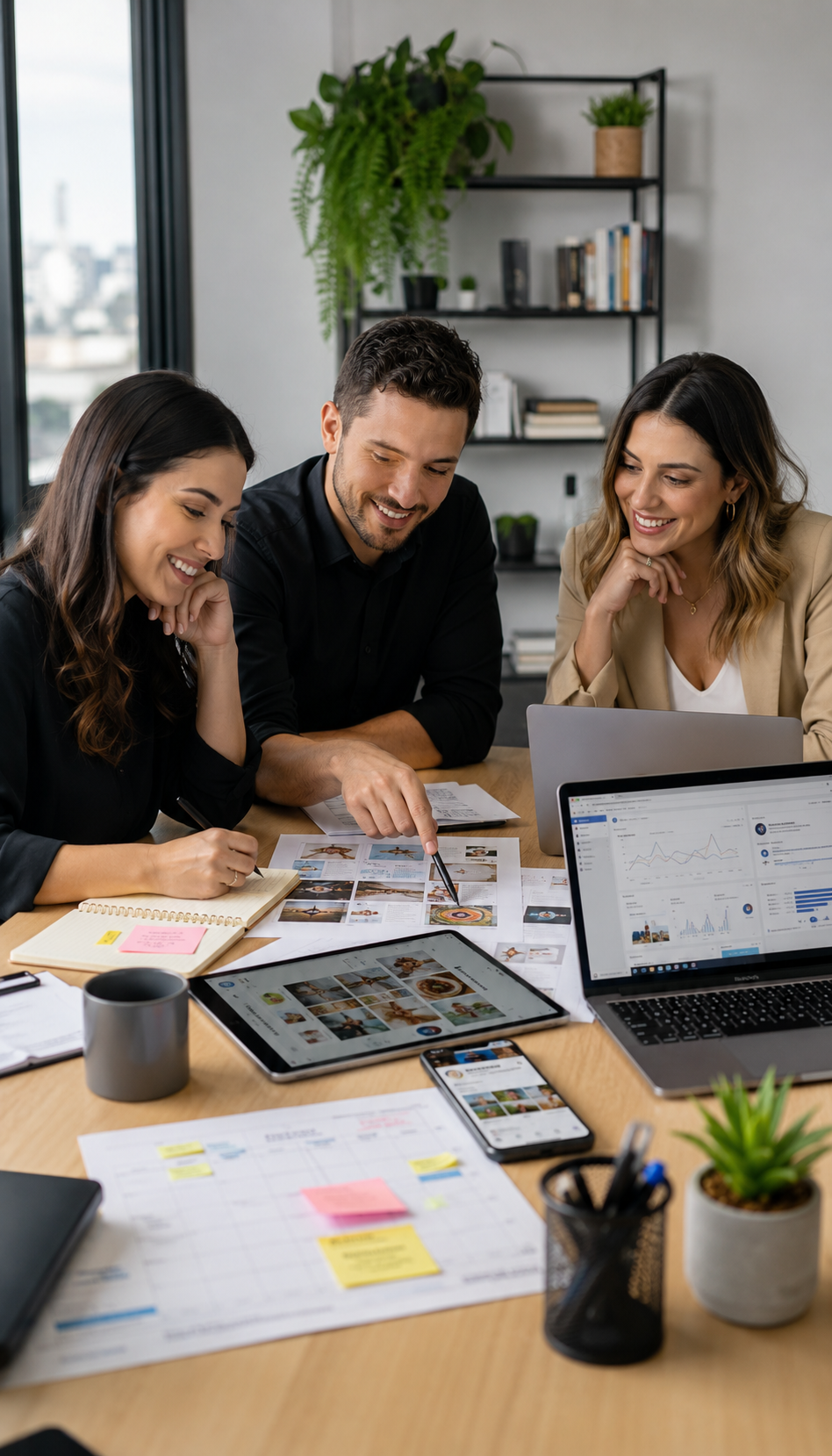 Equipe planejando conteúdo, publicações e métricas de social media.